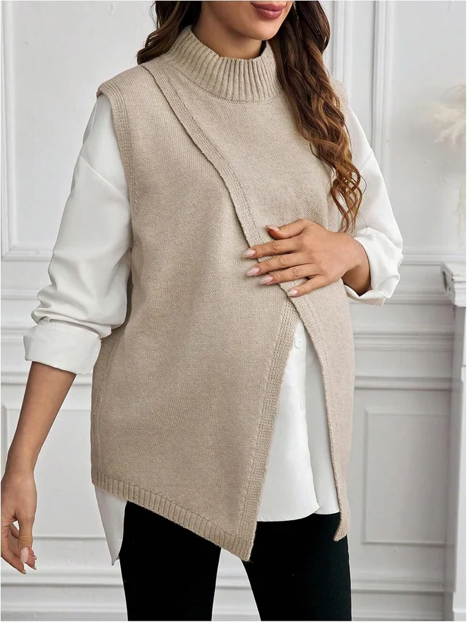 Maternity Sweater Vest Sleeveless Mock Neck Split Hem Pregnancy by OYOANGLE, photograph 2 of 4