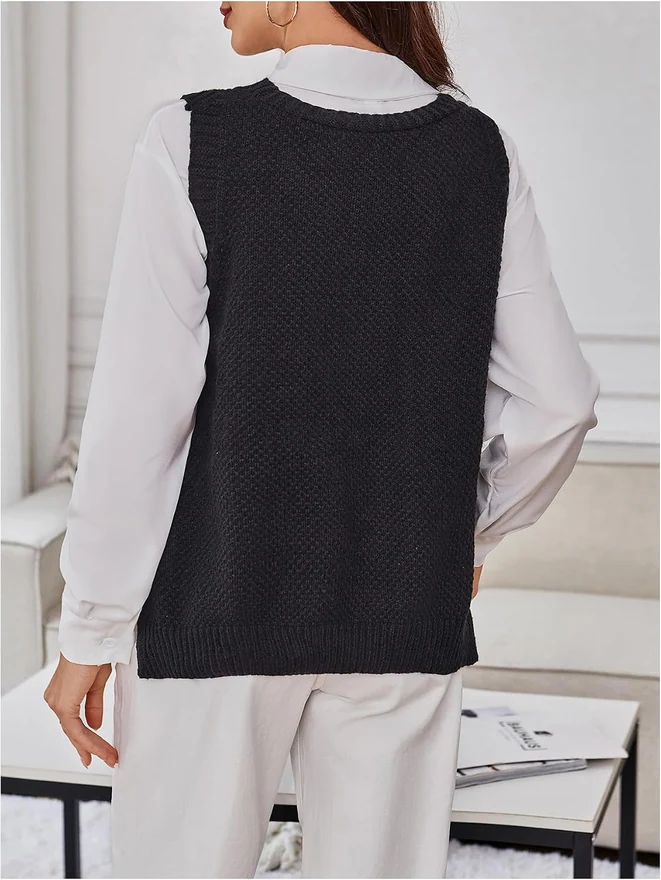 Sweater Vest V Neck Chest Pocket Side Slit Sleeveless Sweater by OYOANGLE