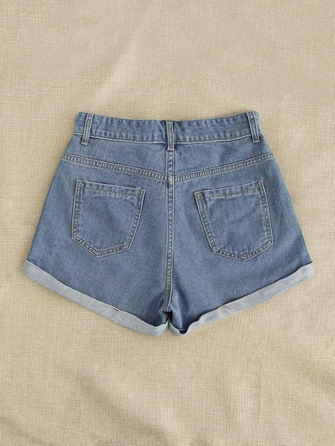 Floral Denim Shorts Wide Leg Embroidered Jean Shorts by OYOANGLE, photograph 3 of 4