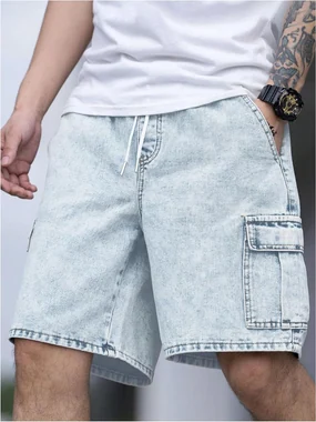Drawstring Waist Cargo Jean Denim Shorts with Flap Pockets in Light Blue
