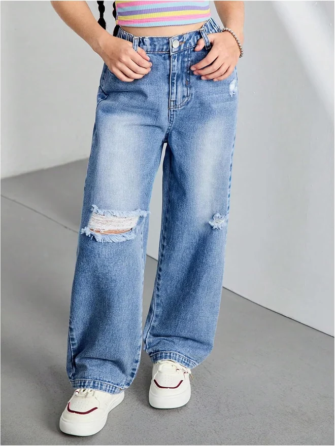 Girl's Ripped Jeans Zipper Fly Wide Leg Denim Pants Cute Baggy by OYOANGLE, photograph 2 of 3