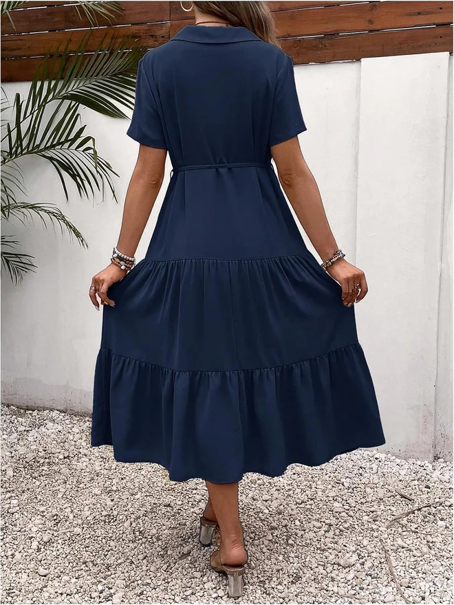 Maternity Button Belted Dress Dark Blue by OYOANGLE, photograph 2 of 3