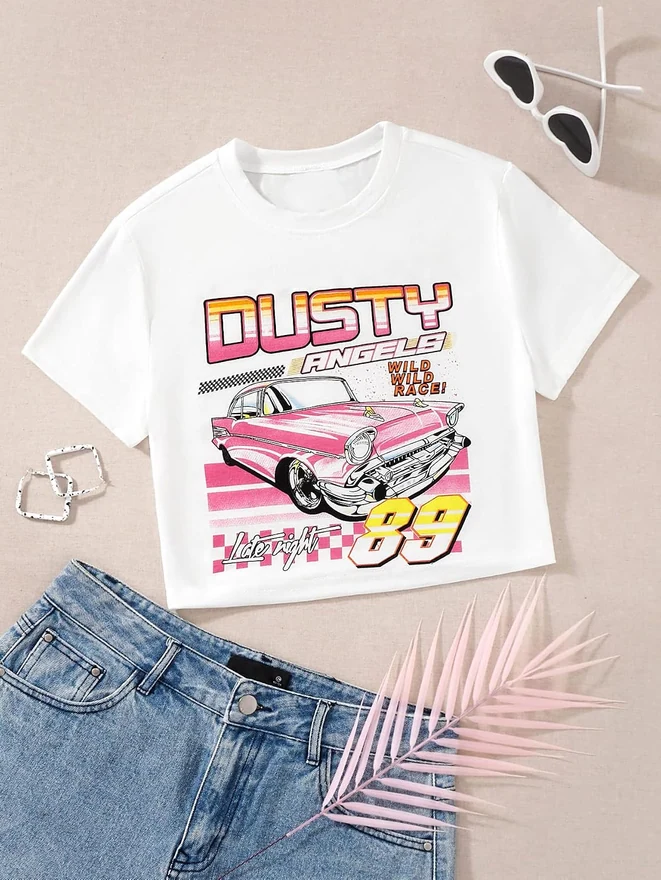 Car Letter Graphic Short Sleeve Round Neck Casual Crop Top by OYOANGLE