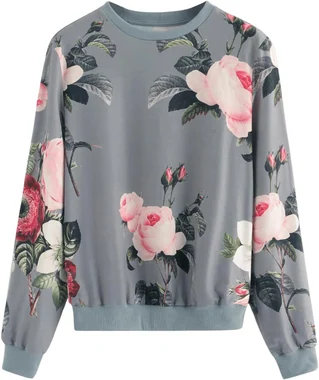 Casual Flower Print Long Sleeve Round Neck Pullover White in Grey