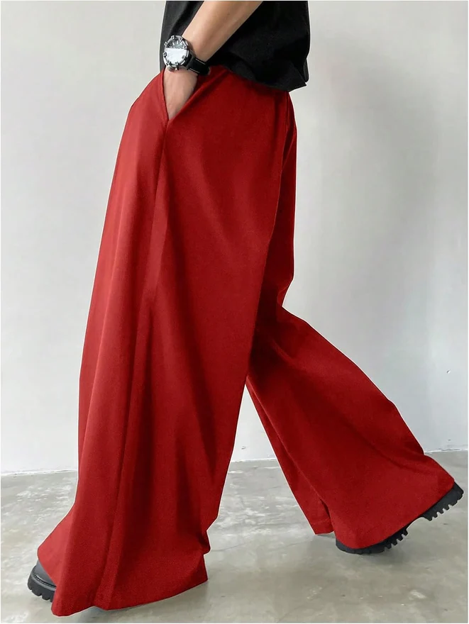 Baggy Dress Pants Wide Leg Pleated Loose Work Trousers Red by OYOANGLE, photograph 2 of 3