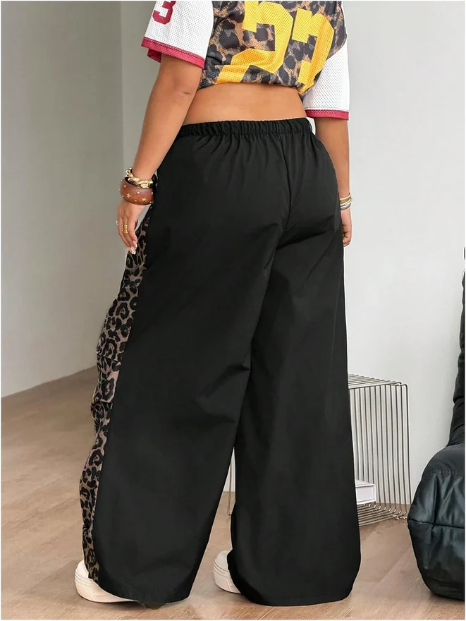 Plus Size Leopard Wide Leg Pants Drawstring Baggy Streetwear by OYOANGLE, photograph 2 of 3