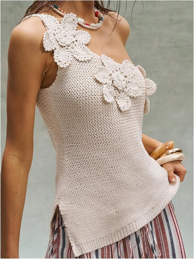 Crochet One Shoulder Sweater Vest 3D Floral Asymmetrical Knit by OYOANGLE, photograph 2 of 4
