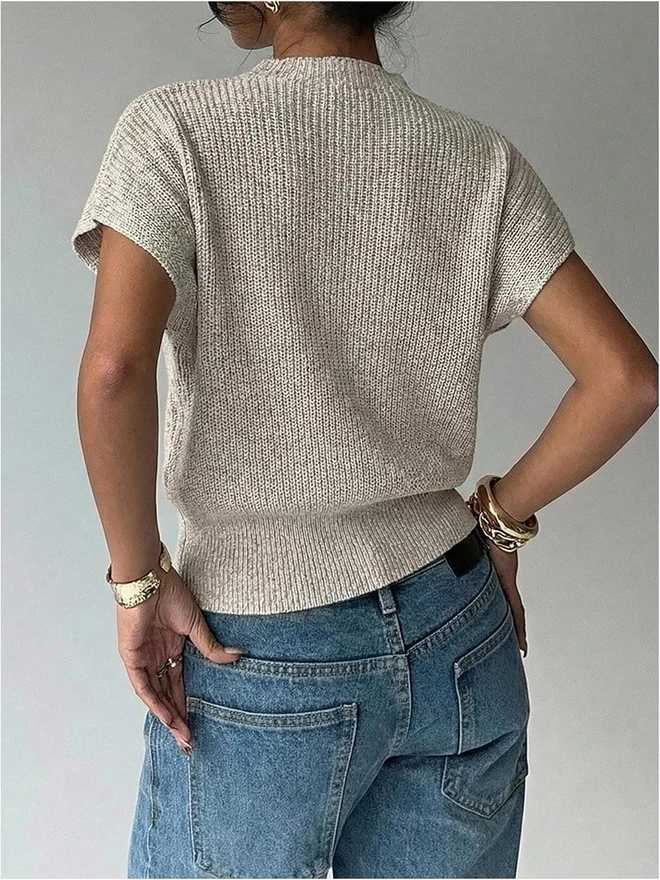 Short Sleeve Sweaters Mock Neck Dressy Pullover Knit Tops by OYOANGLE, photograph 2 of 4