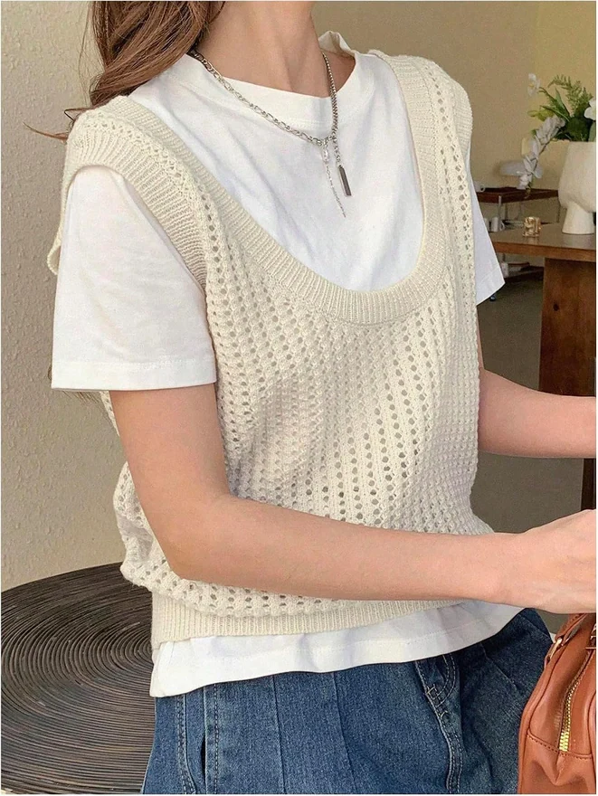 Hollow Out Pointelle Knit Sweater Vest Sleeveless Scoop Neck by OYOANGLE, photograph 2 of 4