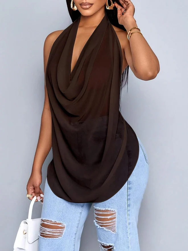 Cowl Neck Halter Tops for Women Backless See Through Draped Top by OYOANGLE, photograph 4 of 4