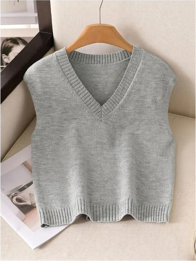 V Neck Knit Vest Sleeveless Lightweight Sweater Vests Grey by OYOANGLE, photograph 3 of 4