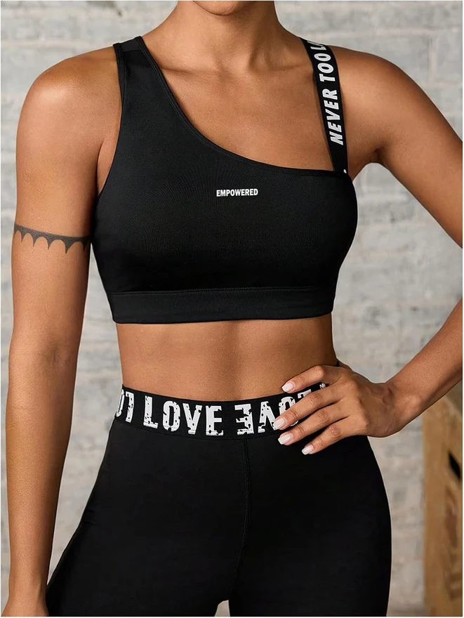 Letter Print Sports Bra Asymmetrical Neck Cut Out Medium Support by OYOANGLE, photograph 3 of 4