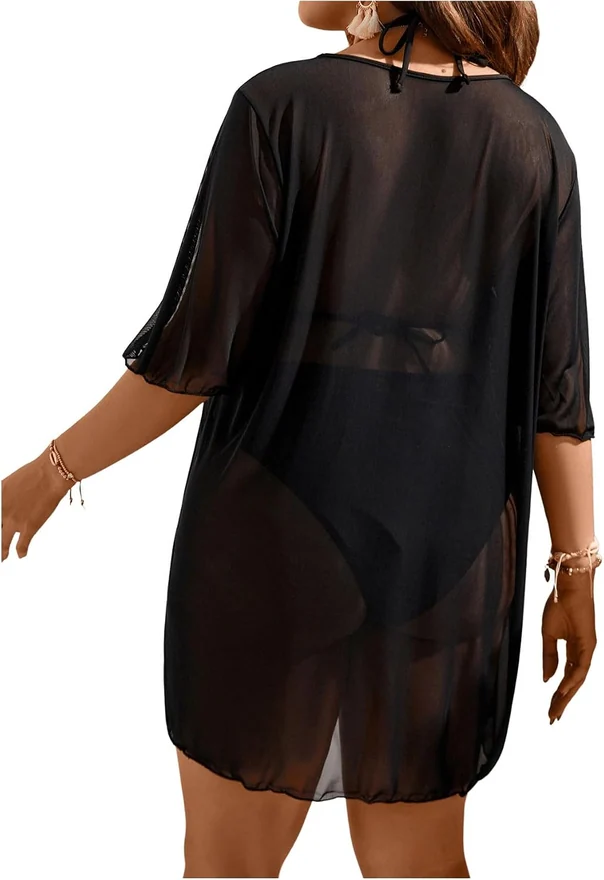 Plus Size Bathing Suit Cover Up Mesh Sheer Split Coverup by OYOANGLE, photograph 2 of 4