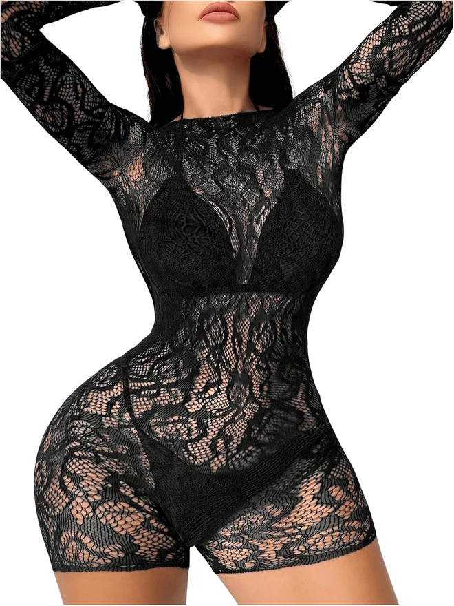 Floral Lace Sheer Mesh Hollow Out Bodysuit Romper Jumpsuit by OYOANGLE, photograph 4 of 4