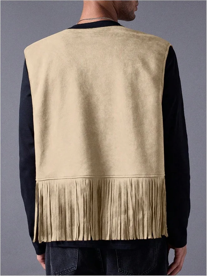 Casual Suede Top Shirt Boho Fringe Trim Open Front Sleeveless by OYOANGLE, photograph 2 of 4