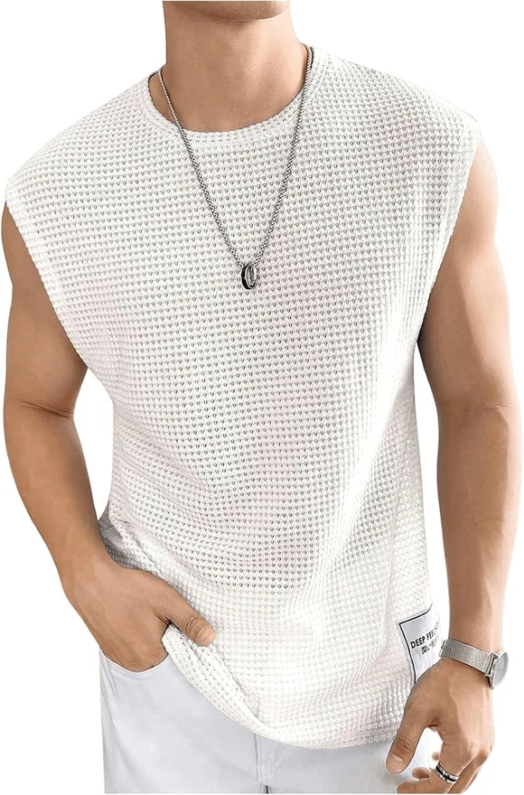 Waffle Knit Sleeveless Tank Top Crew Neck Hippie Shirts by OYOANGLE, photograph 4 of 4