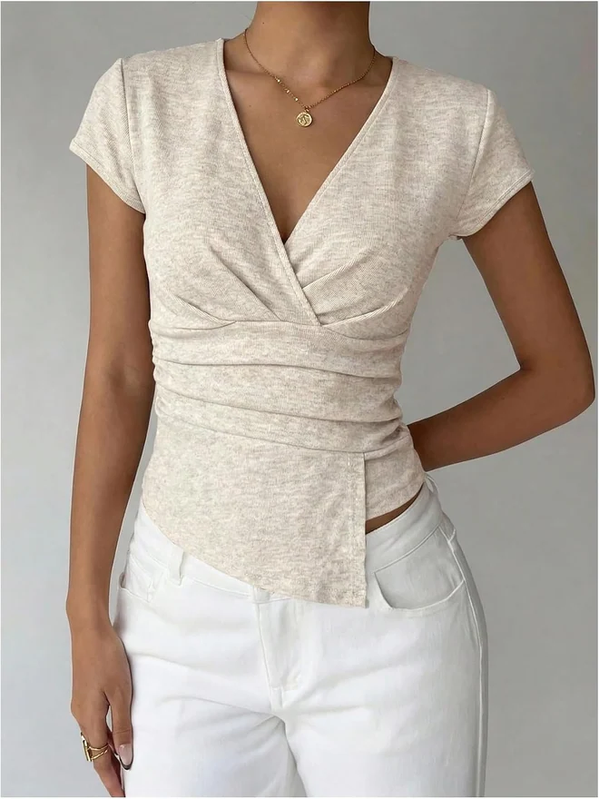 Wrap Cinched Waist Tops Short Sleeve Going Out T Shirts by OYOANGLE, photograph 2 of 2