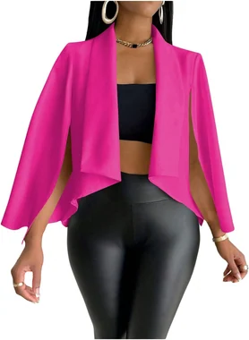 Cape Blazer Long Sleeve Cropped Blazers Jacket Coat Work in Hot Pink