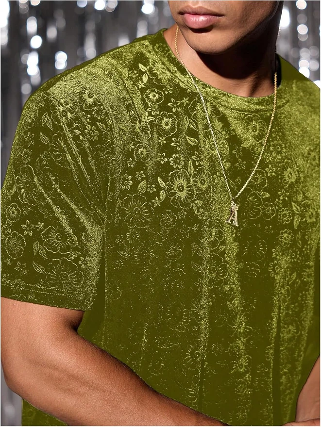 Velvet Crew Neck T Shirt Floral Sparkle Short Sleeve Shirt by OYOANGLE, photograph 4 of 4