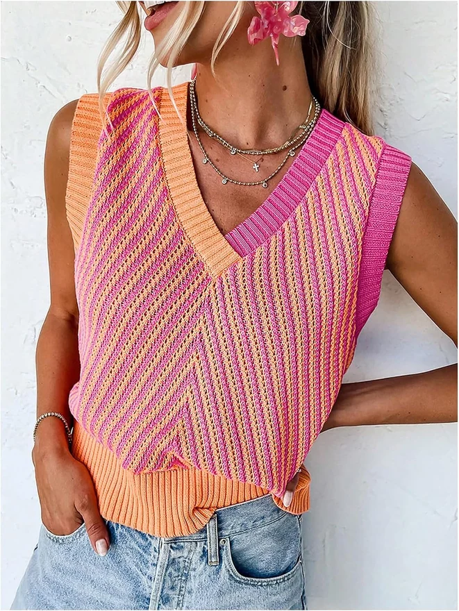 Color Block Striped Sweater Vest Sleeveless V Neck Knitted by OYOANGLE, photograph 2 of 4