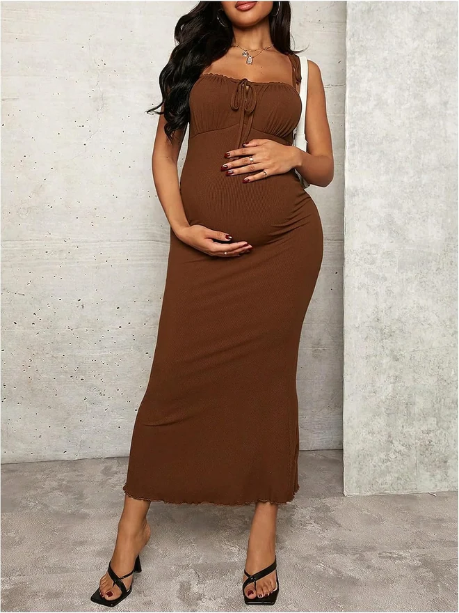 Maternity Ribbed Knit Bodycon Cami Midi Dresses Brown by OYOANGLE, photograph 2 of 2