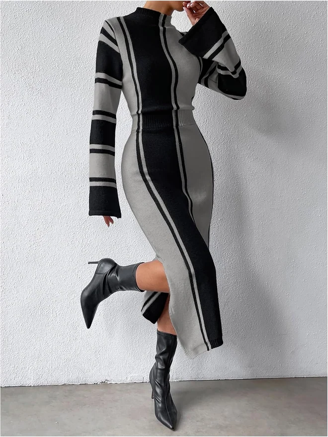 Color Block Bell Sleeve Mock Neck Sweater Dress Grey by OYOANGLE