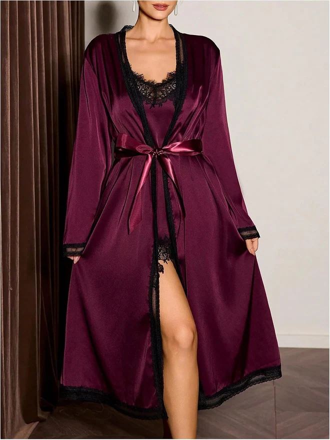 2 Piece Silky Satin Nightgown Spaghetti Strap Lace Slip Dress by OYOANGLE, photograph 2 of 4