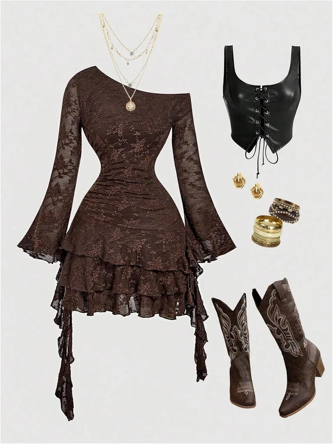 Western Cowgirl Lace Jacquard Off The Shoulder Mini Dress by OYOANGLE, photograph 4 of 4