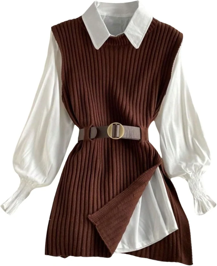 Split Hem Ribbed Knit Sweater Dress Short Dresses by OYOANGLE