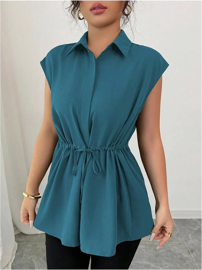 Button Down Shirt Short Sleeve Peplum Business Blouse by OYOANGLE, photograph 4 of 4