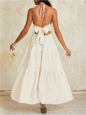 Summer Beach Halter Sundress Formal Wedding Guest Dress in Beige