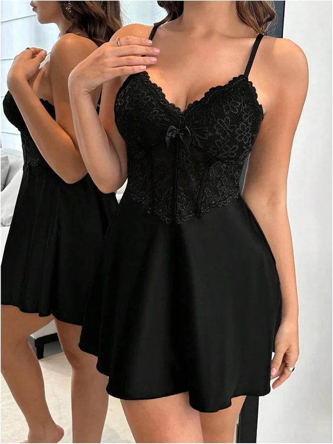 Floral Lace Satin Slip Dress Corset Mini Nightgowns Black by OYOANGLE, photograph 4 of 4