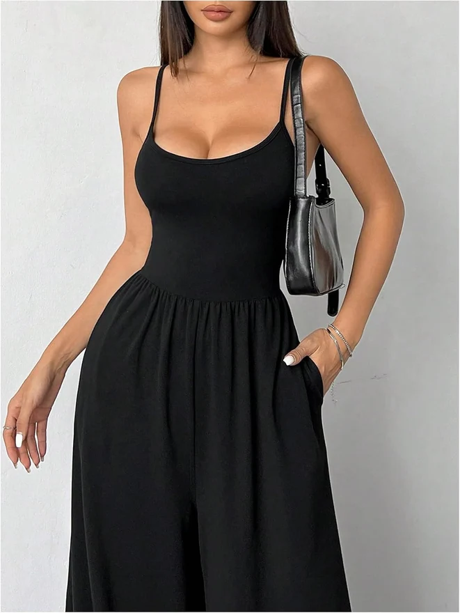 Sleeveless Wide Leg Jumpsuits Long Rompers with Pockets by OYOANGLE, photograph 2 of 3