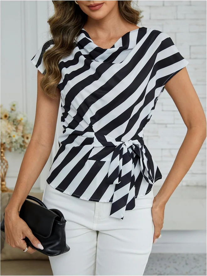 Striped Tie Front Blouse Drape Cowl Neck Casual Shirt Top by OYOANGLE, photograph 3 of 4