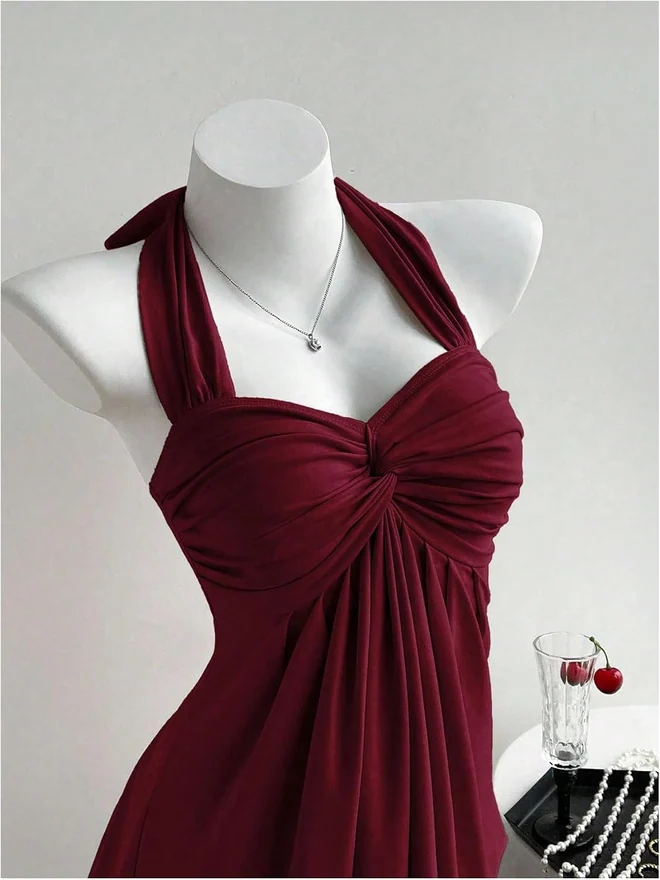Flowy Tie Backless Halter Peplum Tops Burgundy by OYOANGLE, photograph 3 of 3