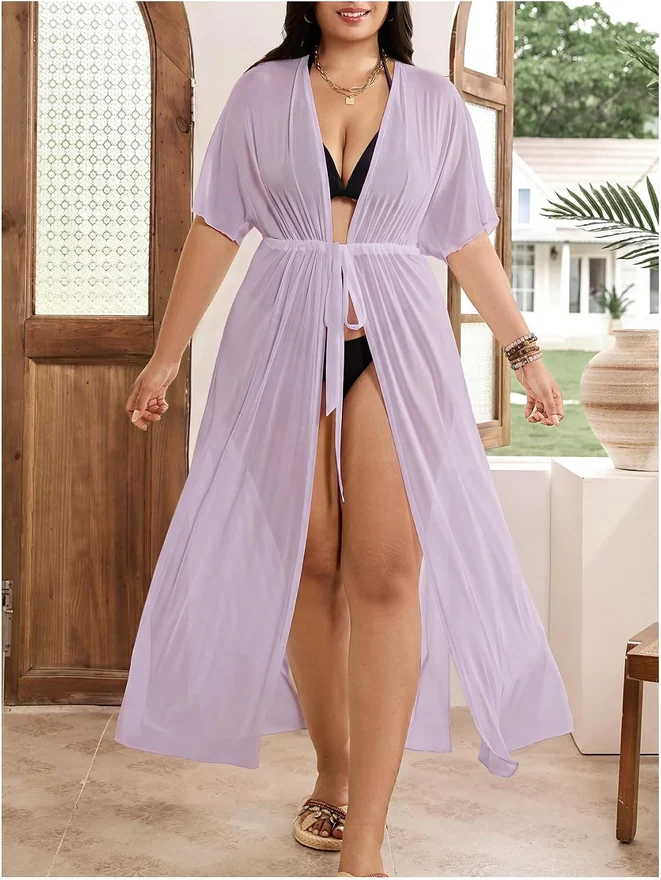 Plus Size Short Sleeve Beach Kimono Drawstring Waist by OYOANGLE
