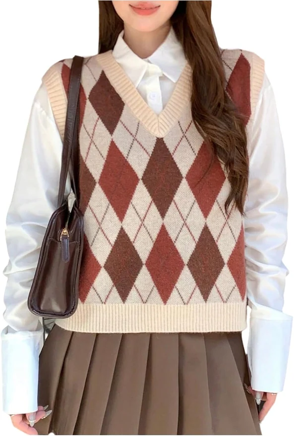 Argyle Sweater Vest Y2K Preppy Style V Neck Sleeveless Knitted by OYOANGLE