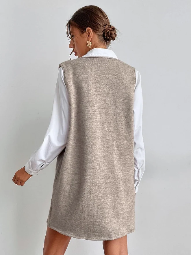 V Neck Sweater Vest Dress Sleeveless Fall Overall Dress by OYOANGLE, photograph 2 of 3