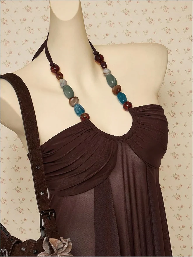 Boho Tops Chic Beaded Halter Top Y2K Flowy Mesh Tank Tops by OYOANGLE, photograph 3 of 3