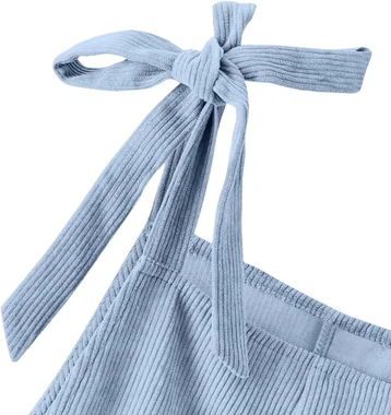 Corduroy Romper Strap Tie Knot Shoulder Overall Shorts in Light Blue