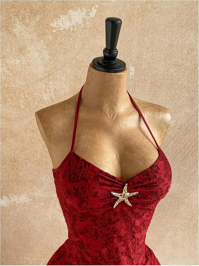 Floral Lace Starfish Decor Bodycon Mini Dress Ruffle Halter by OYOANGLE, photograph 3 of 3