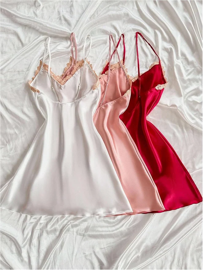 3 Pack Satin Nightgowns Lace Trim Spaghetti Strap Slit Hem Short by OYOANGLE, photograph 4 of 4