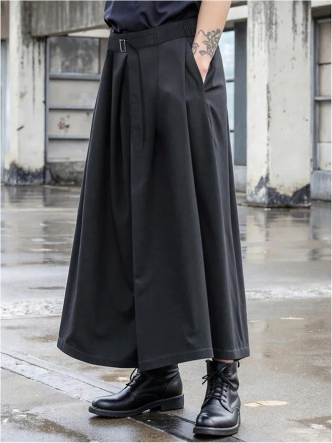 Wide Leg Pleated Skirt Pants Belted Pleated Japanese Cropped by OYOANGLE, photograph 2 of 4