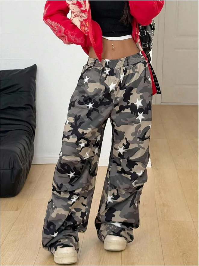 Baggy Camo Pants Elastic Waist Wide Leg Long Trousers by OYOANGLE, photograph 3 of 3