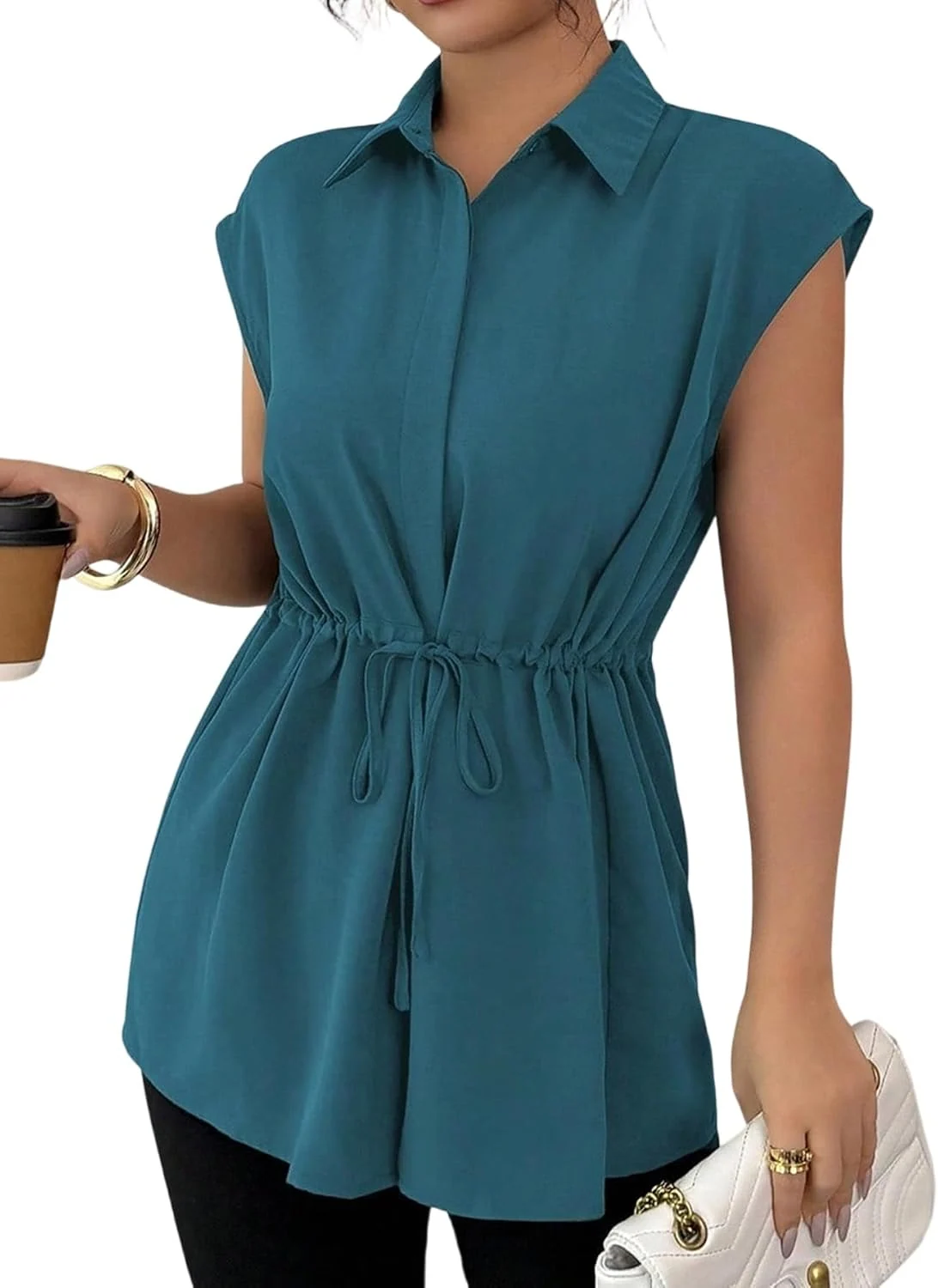 Button Down Shirt Short Sleeve Peplum Business Blouse by OYOANGLE, photograph 1 of 4