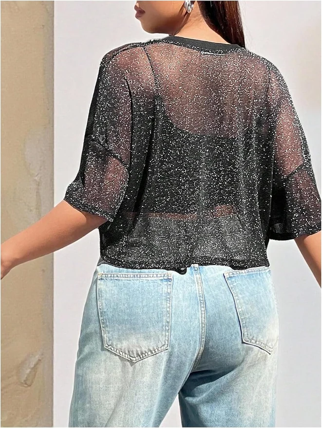 Plus Size Sparkly Glitter Tops Mesh Sheer Crop T Shirts by OYOANGLE, photograph 2 of 4