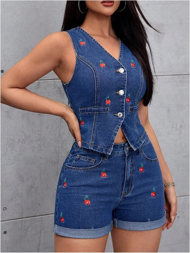 Cherry Embroidery Button Down Denim Jackets Sleeveless V Neck by OYOANGLE, photograph 2 of 4