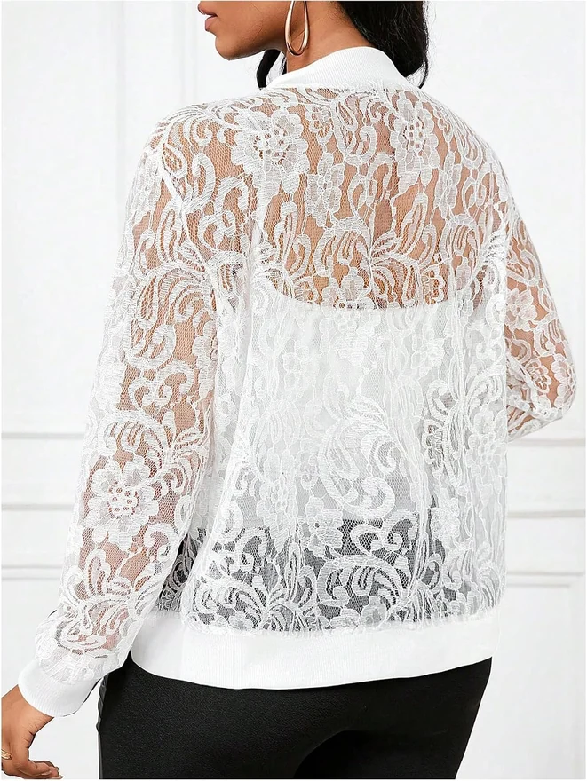 Lace Sheer Long Sleeve Bomber Jackets by OYOANGLE, photograph 3 of 4