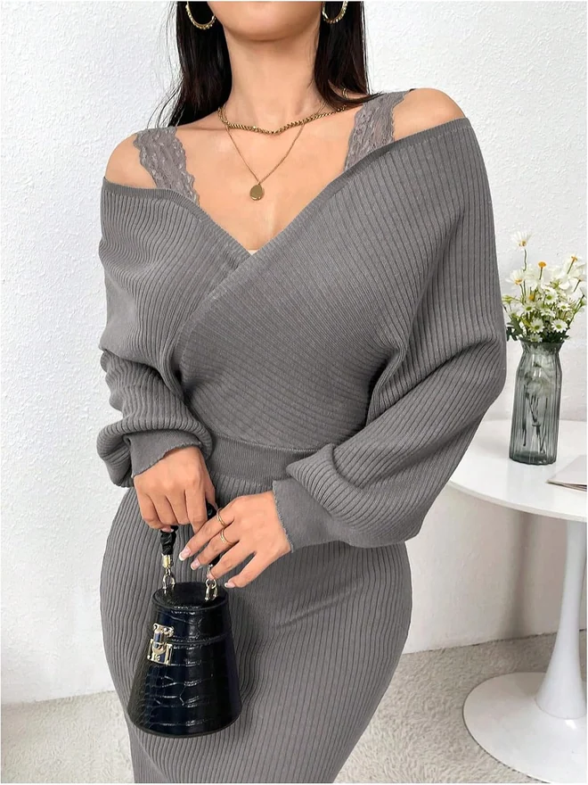 Off Shoulder Bodycon Sweater Dress Wrap V Neck Knit Dress by OYOANGLE, photograph 2 of 3