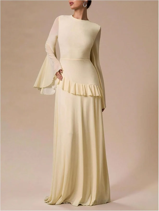 Long Sleeve Maxi Dresses for Women Fall Mesh Wedding Guest by OYOANGLE